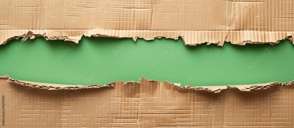 Aufkleber Ripped corrugated cardboard on white backdrop as a design element with a green empty background for a banner message or label Includes a copy space image