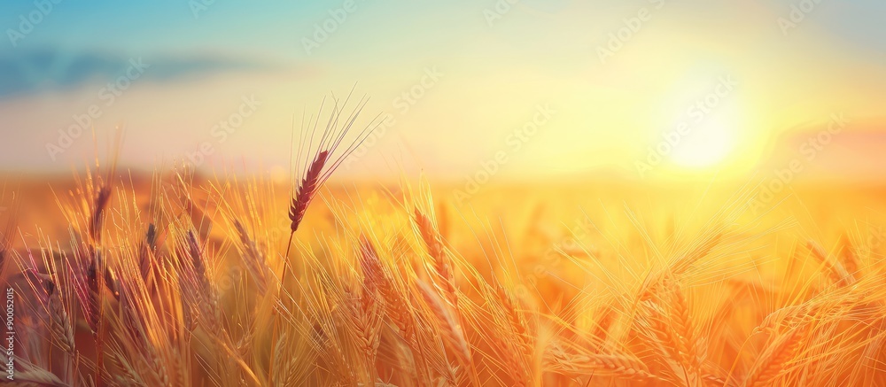Poster A serene image of a barley field at sunset with a soft effect against a clear sky on a sunny summer day Perfect for adding text with copy space in the picture