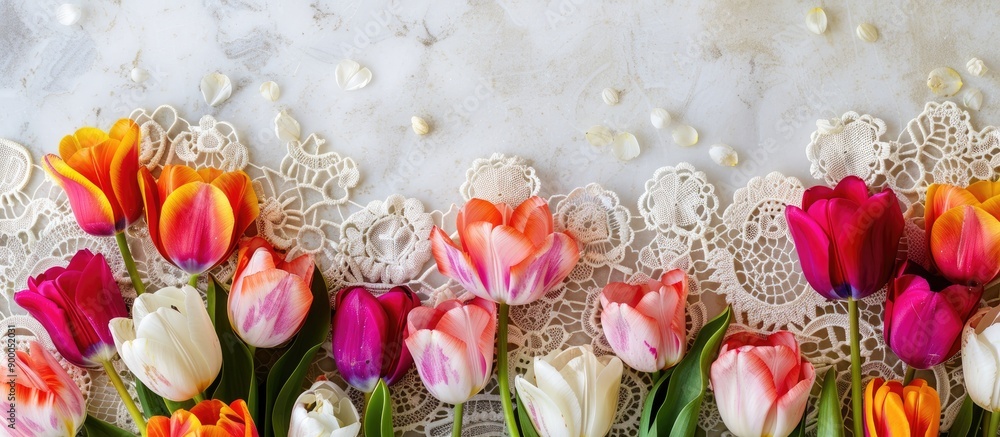 Leinwandbilder top view photo featuring vibrant retro tulips and lace circles on a clean backdrop with ample copy s