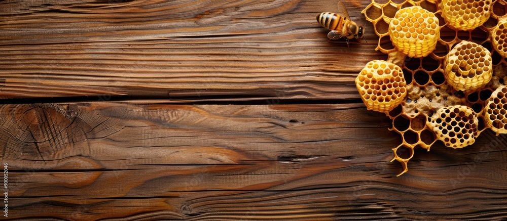 Aufkleber wooden background with fresh honeycombs and dipper ideal for copy space image