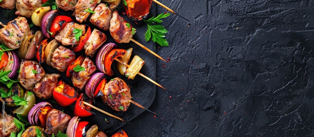 Aufkleber Top view of a delicious chicken shish kebab with vegetables and grilled meat skewers on a barbecue food setting with a copy space image