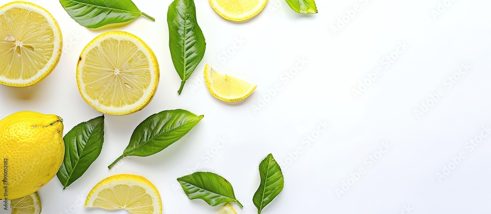 Fototapete lemon slice and fruit with leaves isolated on a white background with clipped copy space image