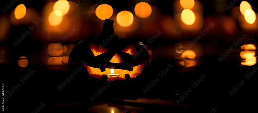 Poster a pumpkin with carved features lit by candles in darkness serves as a halloween symbol in this copy 