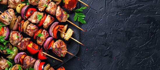 Top view of a delicious chicken shish kebab with vegetables and grilled meat skewers on a barbecue food setting with a copy space image