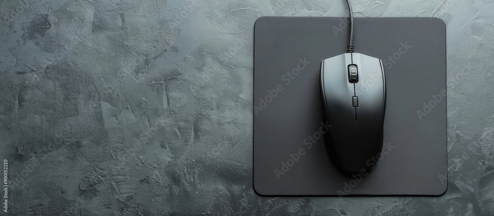 Poster Flat lay with a wired computer mouse and pad on a grey background with empty space for text or other elements in the image. with copy space image. Place for adding text or design