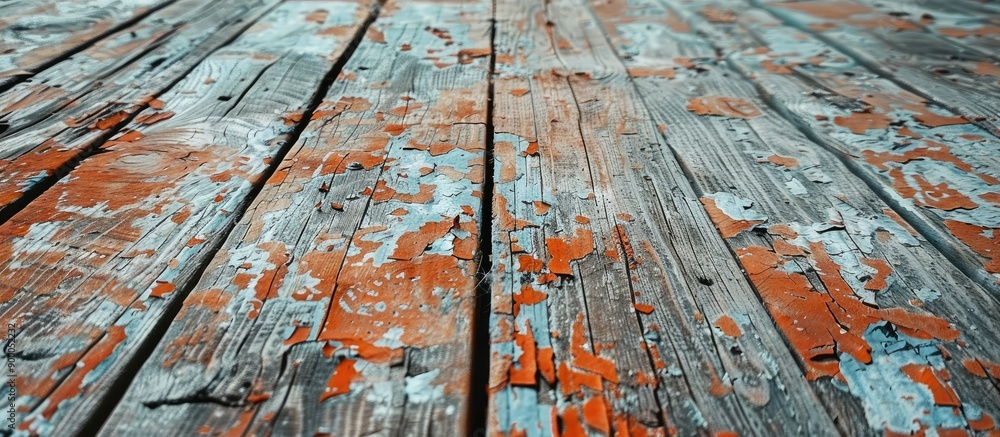 Poster old wooden floor with peeling paint creating a grunge background for a copy space image