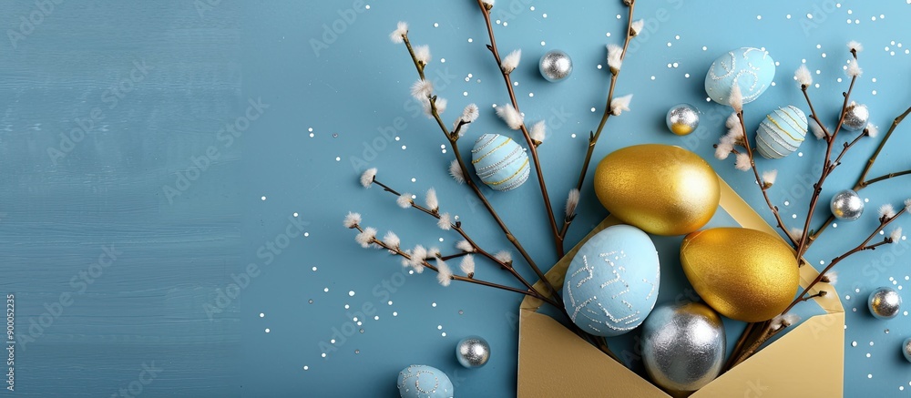 Aufkleber golden and silver easter eggs willow branches inside an envelope on a blue backdrop for easter celeb