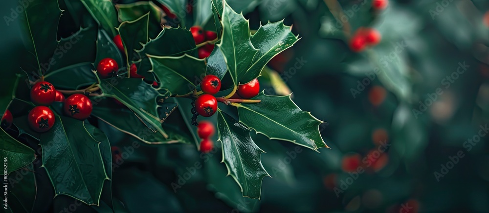 Aufkleber ilex branch without red berries showcasing shiny evergreen leaves with visible spikes ideal for copy