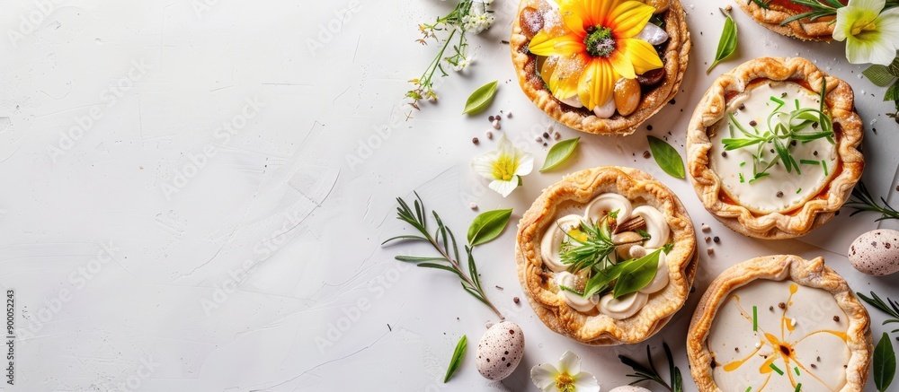 Aufkleber Modern and stylish Easter pies with festive toppings arranged in a rustic composition on a white background with copy space image