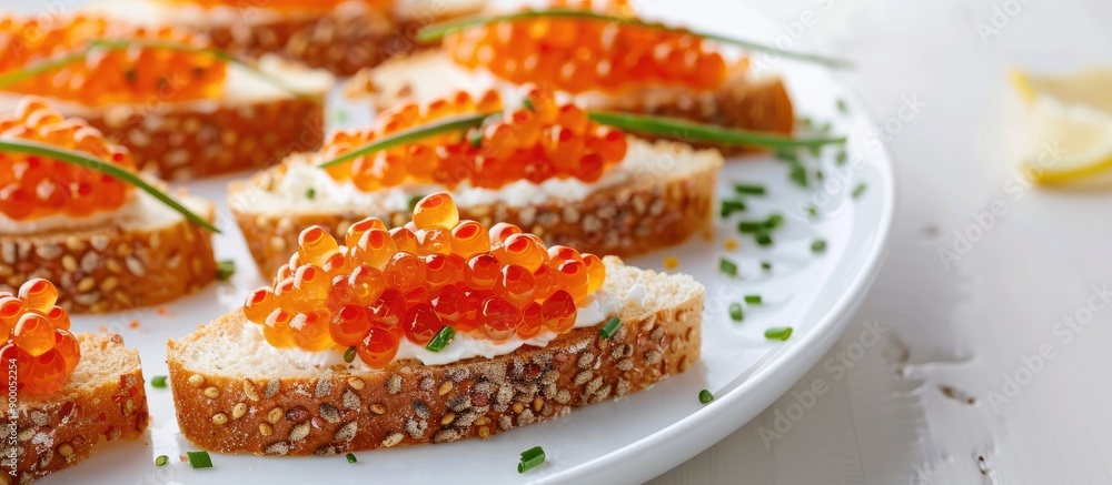 Poster close up panoramic shot of sandwiches with red caviar on a white plate with copy space image