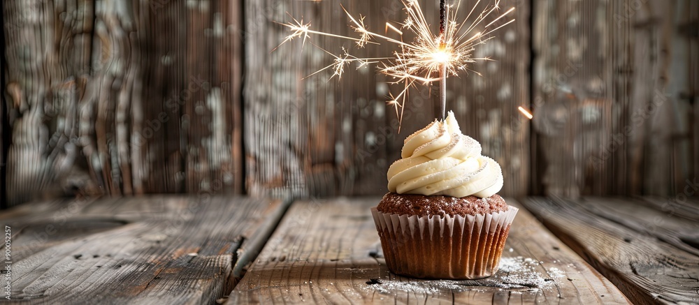 Poster Wooden background with a cupcake topped with a sparkler Ideal for adding text with copy space image