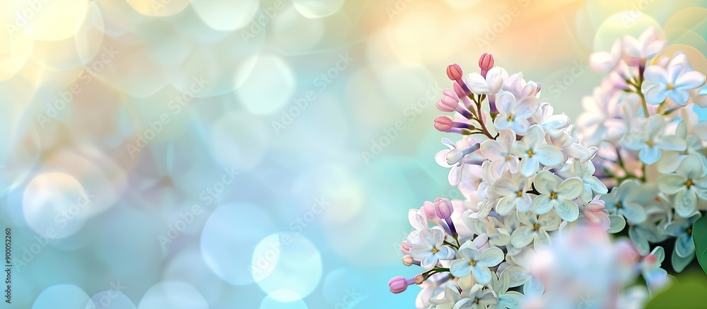 Poster Macro white lilac blooms on blurred backdrop with available copy space for web banners