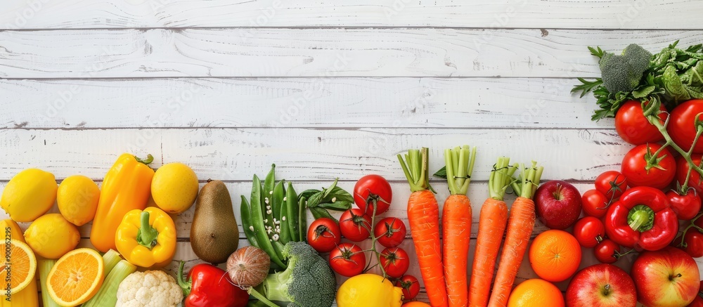Poster freshly cut fruits and vegetables displayed on a white wooden table with ample copy space image
