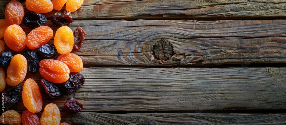 Poster Wooden surface showcasing dried apricots and raisins providing a rustic backdrop for a copy space image