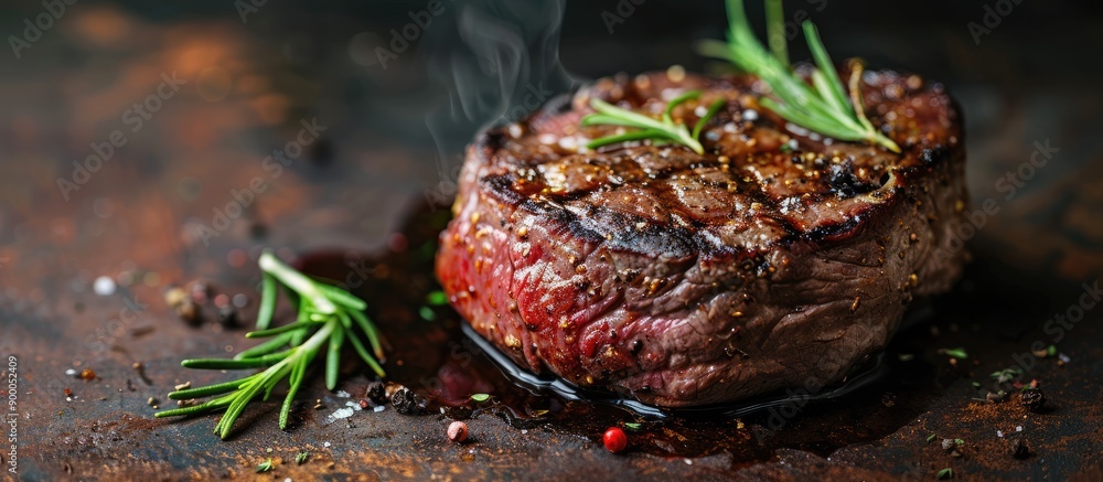 Fototapete Beef steak displayed on a rustic table with a dark background providing ample copy space image