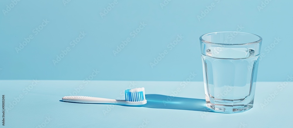 Fototapete Close up view of a plastic toothbrush with paste a glass of water on a light blue backdrop offering space for text alongside a clear image. with copy space image. Place for adding text or design