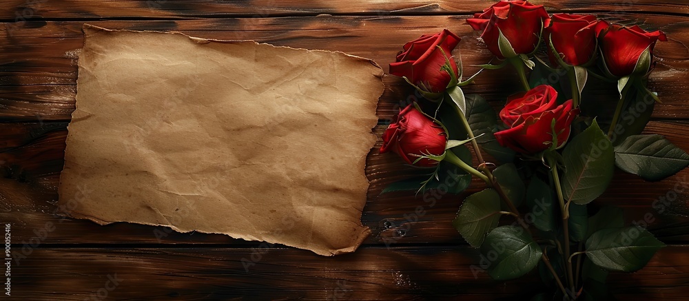 Poster A charming combination featuring a bouquet of lovely roses accompanied by a delicate letter scroll ideal for a romantic gesture with a captivating copy space image