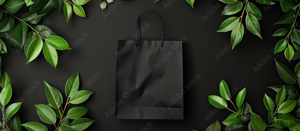 Poster dark background with green leaves frames a black shopping bag in a mockup offering copy space image