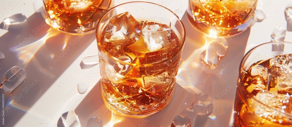 Poster whiskey with ice in glasses on a white background under strong lighting showing shadows glare from t
