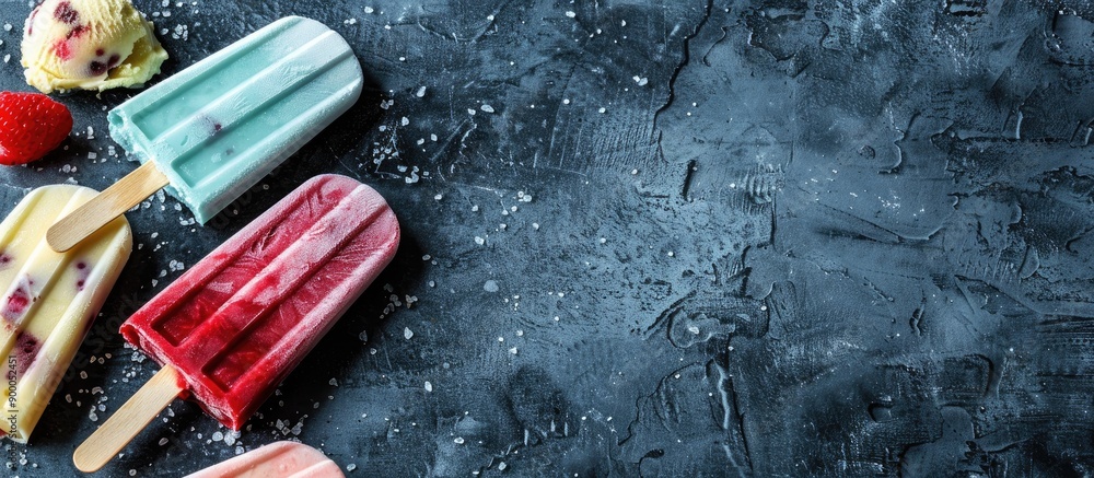 Poster popsicles and ice cream on a dark surface with copy space image