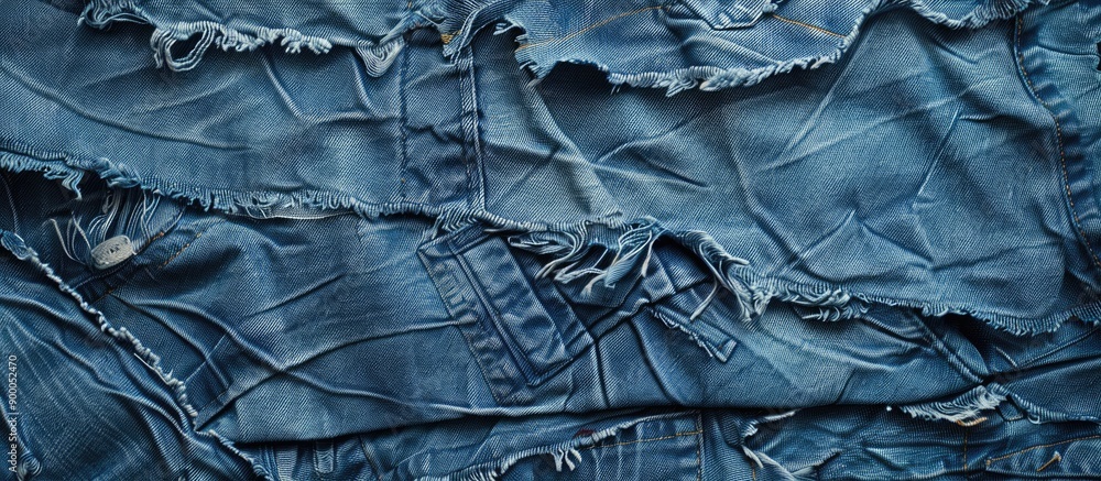 Poster close up view of textured ripped denim jean fabric with copy space image