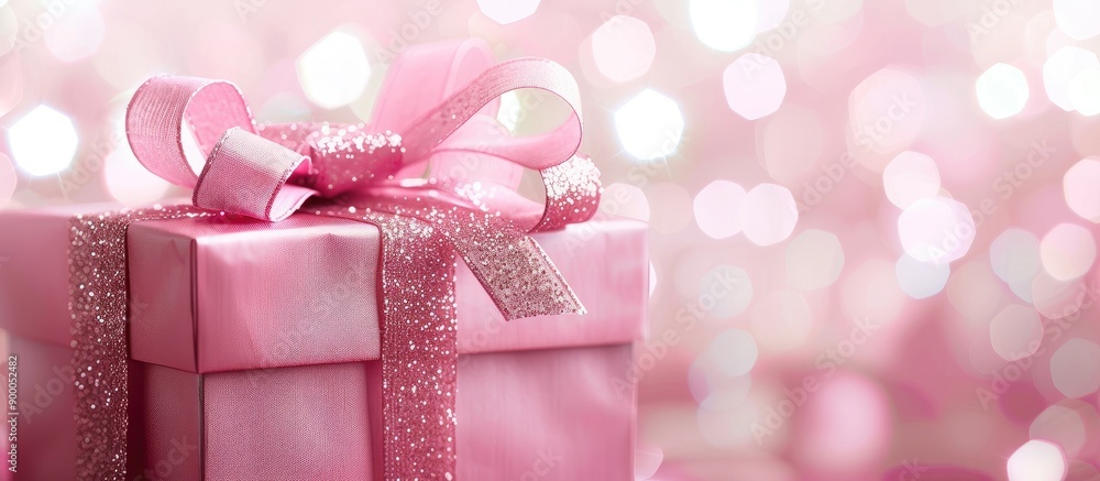 Poster holiday background featuring a pink gift box adorned with a ribbon includes copy space image