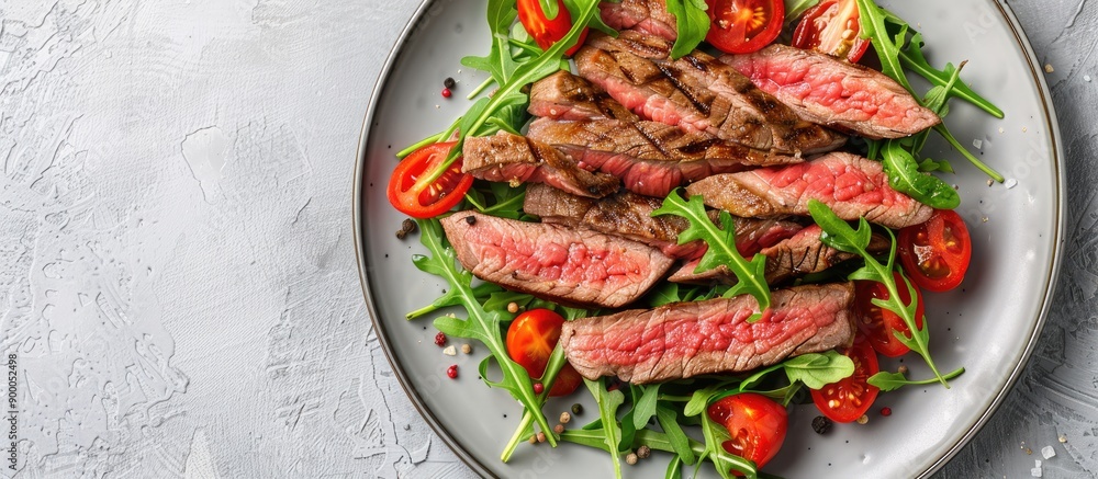 Aufkleber Grilled beef slices with cherry tomatoes and arugula on a plate displaying beautifully against a plain background in a copy space image