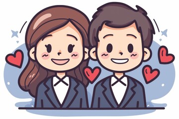 Adorable cartoon couple with hearts celebrating their love and happiness in a cute and whimsical style