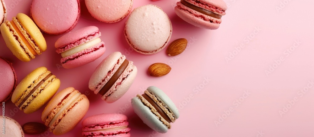 Poster variety of colorful french macarons in different flavors and shapes displayed on a pink background p