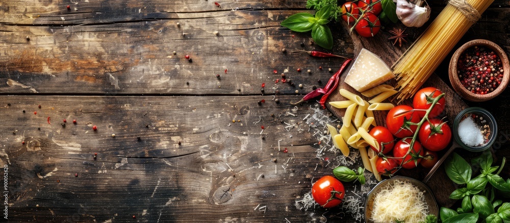 Poster healthy food concept with a rustic style top view of fresh veggies pasta parmesan cheese and spices 