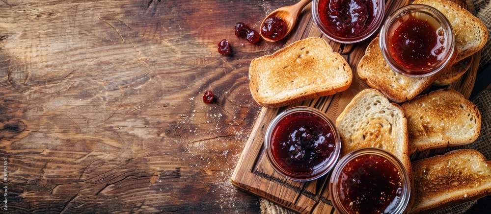 Poster wooden desk with toast and a variety of jams creating an appetizing scene with copy space image