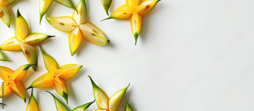 Leinwandbilder top view arrangement featuring sliced carambola on a white backdrop with room for text in the copy s