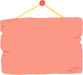 A pink wooden sign with a yellow rope hanging from a red pushpin.