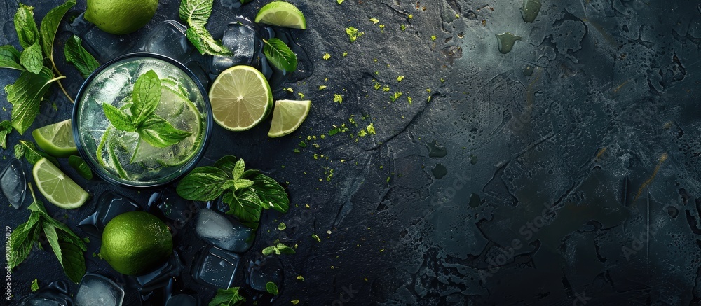 Poster A mojito cocktail set on a dark stone surface ideal for displaying your text with available copy space image