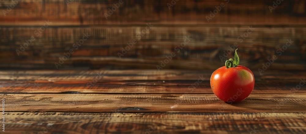 Aufkleber wooden table with a ripe tomato and a tomato background provides ample copy space image