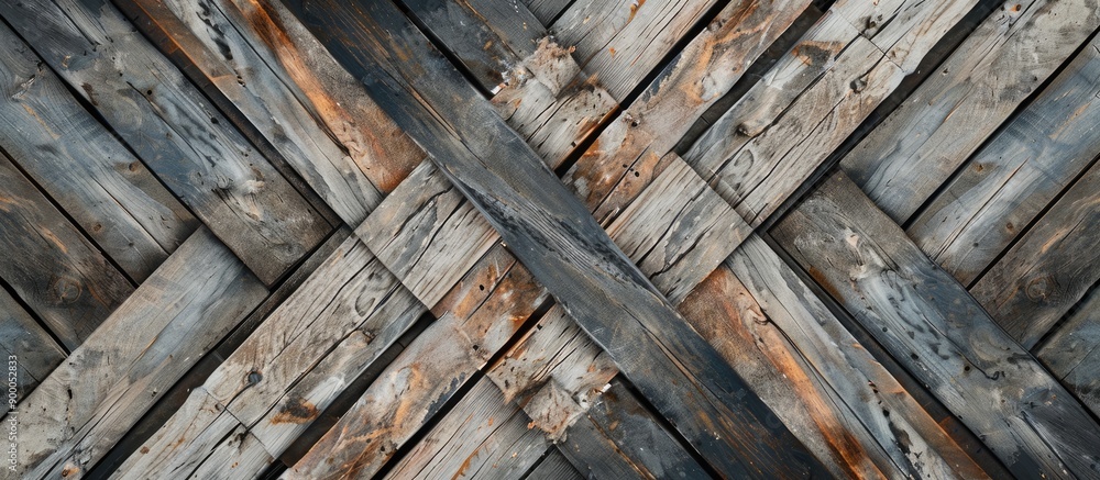 Poster Wooden planks arranged in a crossing pattern with empty space for an image. with copy space image. Place for adding text or design