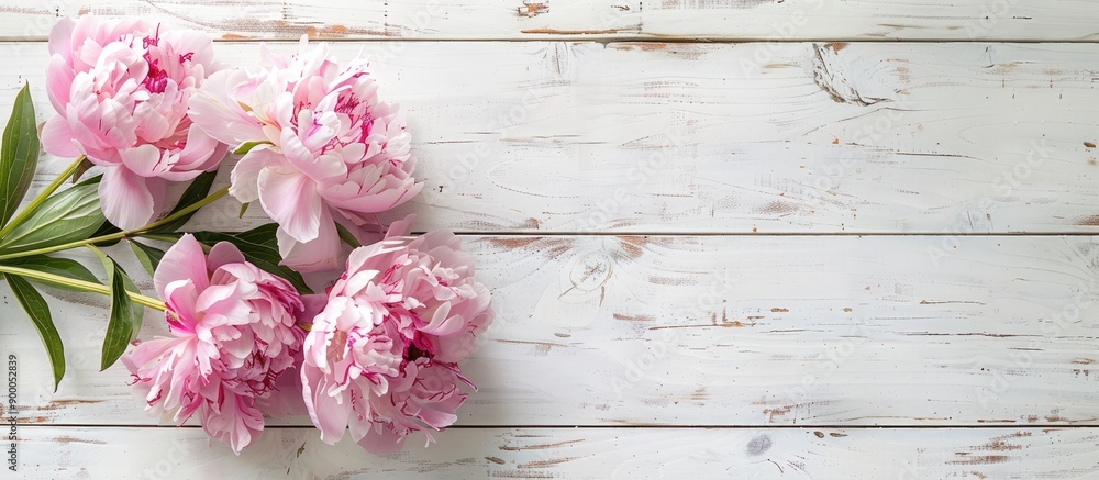 Aufkleber Pink peony flowers on a white wooden surface from above with room for text or other elements in the image. with copy space image. Place for adding text or design