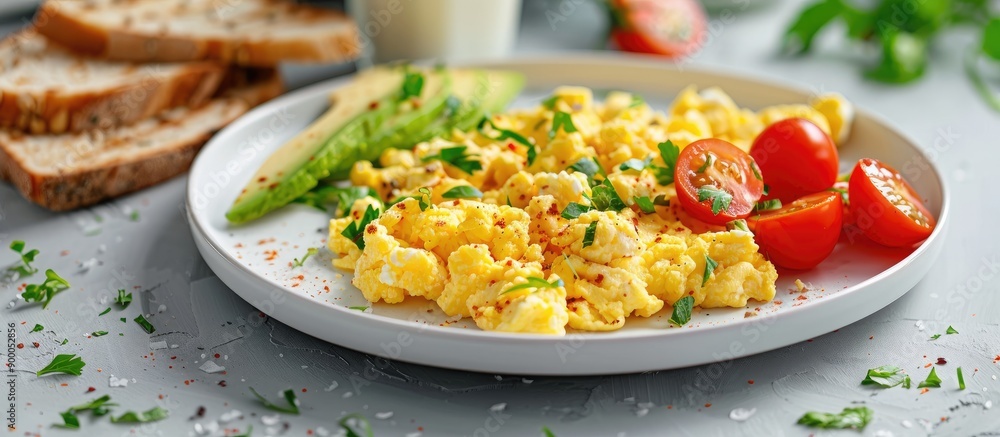 Poster side view of a white plate with scrambled eggs and tomatoes accompanied by milk toast with avocado a