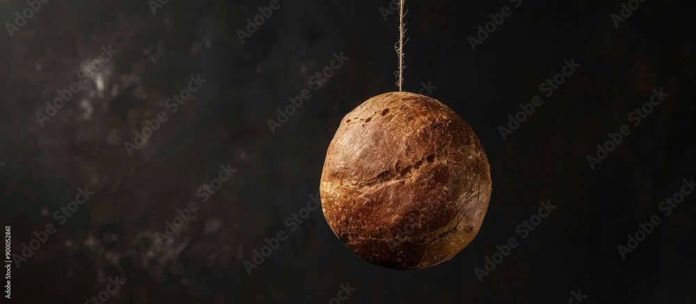 Leinwandbilder a round loaf of bread is suspended on a string against a dark backdrop allowing for copy space image