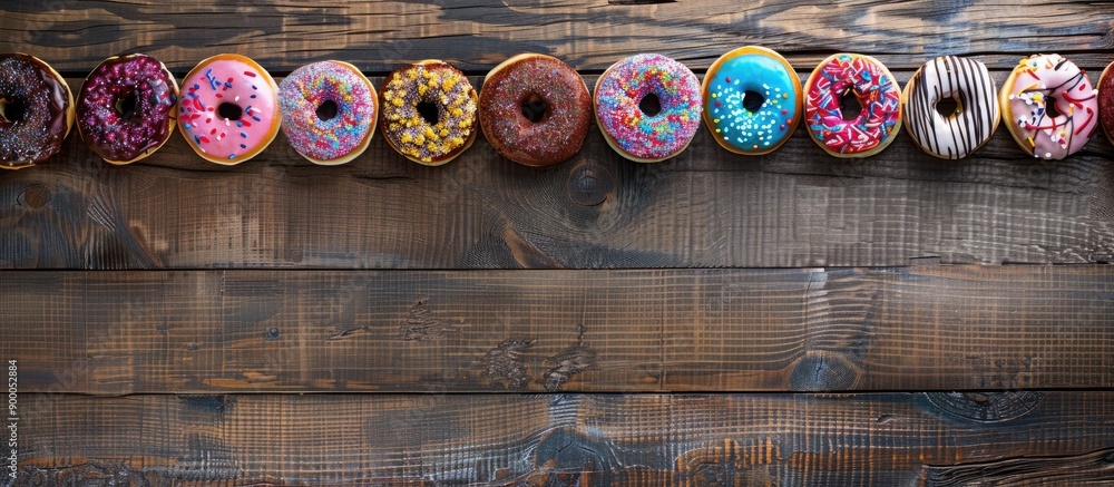 Aufkleber A variety of vibrant doughnuts with sweet toppings displayed on a rustic wooden surface shot from above to reveal a stylish presentation with ample copy space image