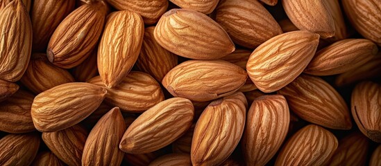 Fototapeta premium Almonds arranged in a pile creating a background with copy space image