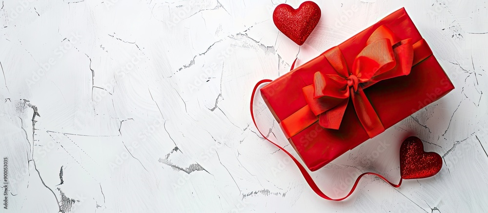 Poster valentine s day theme with a red bow adorned gift box two hearts and copy space image on a white bac
