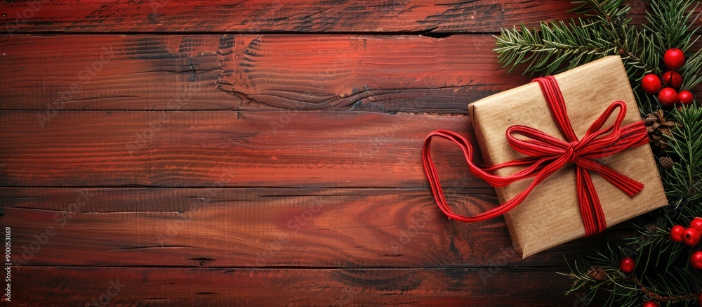 Poster Festive flat lay background featuring a Christmas gift card box with ample copy space image
