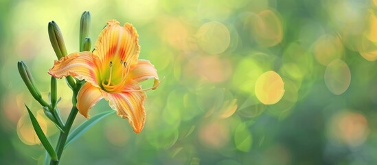 Close up macro portrait of an orange daylily blossom and bud isolated against a blurred green background in a sunny summer setting with copy space image