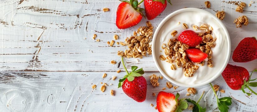 Top down view of Greek yogurt topped with fresh strawberries and granola ideal for promotional designs needing copy space images