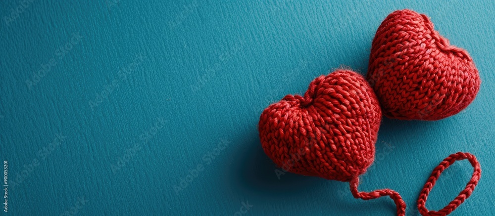 Poster A festive Valentines Day concept with a pair of red knitted hearts set against a blue backdrop ideal for adding text or a design in the copy space image