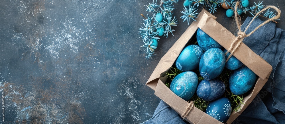 Fototapete gift bag and blue easter eggs viewed from above with room for text or graphics in the image. with co