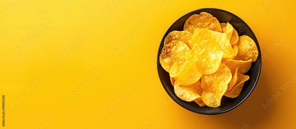Aufkleber Top view of potato chips in a bowl on a yellow background with space for text or image. with copy space image. Place for adding text or design