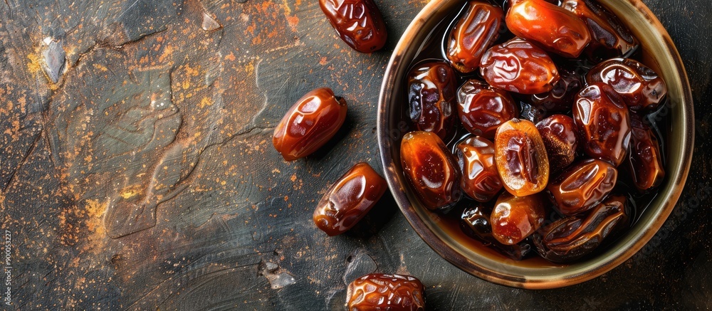 Poster Top down view of delicious homemade Arabic date marmalade with ample copy space image available