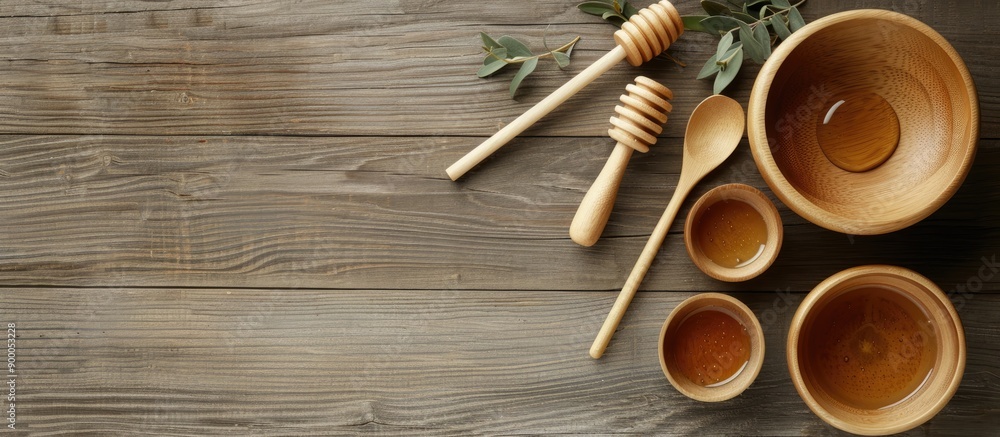 Poster Wooden kitchen utensils like bowls spoons and a honey stick arranged on a wooden table background with three bowls a honey stick and two spoons A flat lay of wooden kitchenware showcasing a copy space